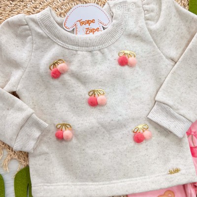 Conj. Casaco de Linho Pompons e Calça Legging em Plush - Areia e Rosa